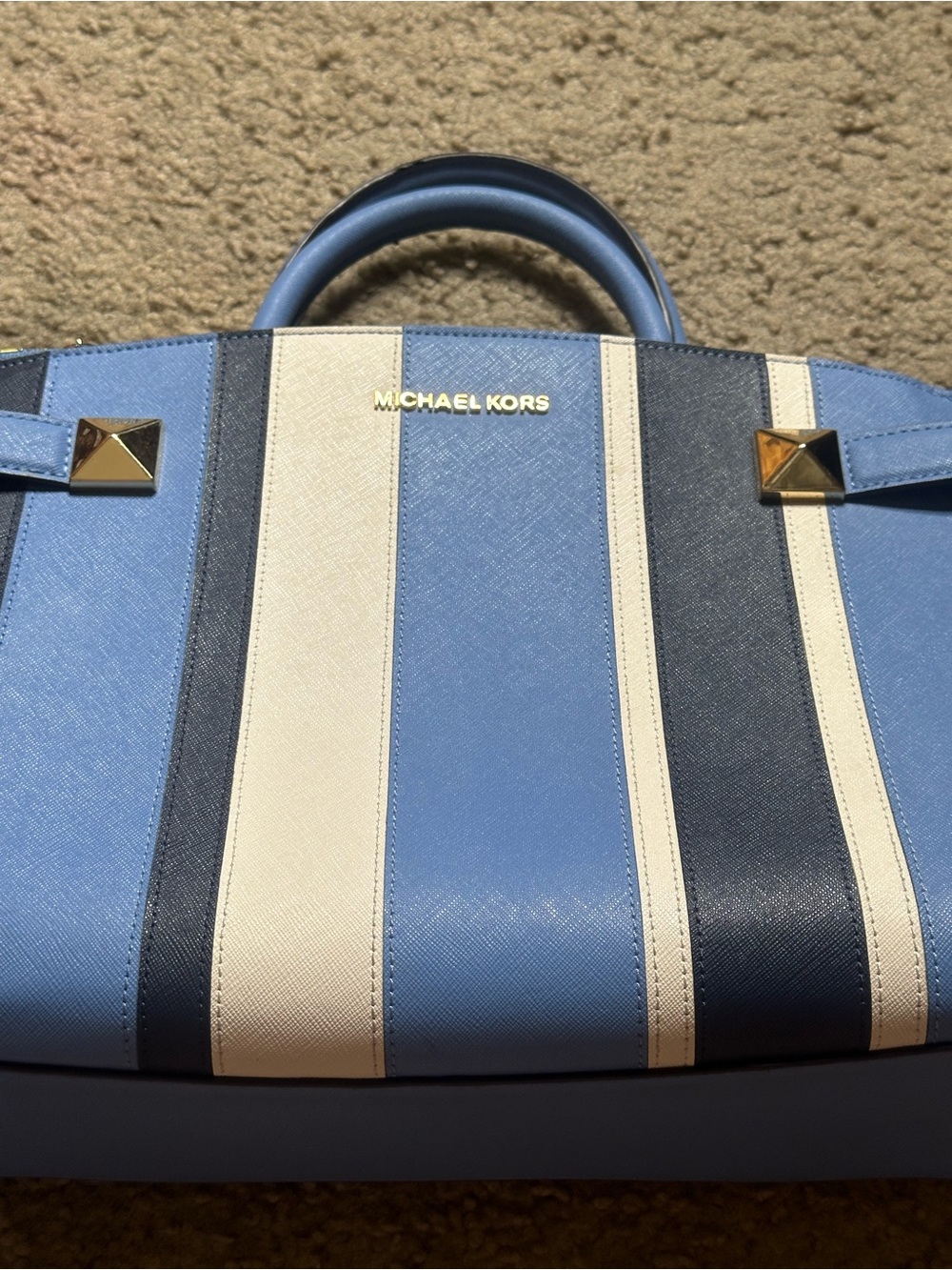 Michael Kors Blue, Navy & White Striped Leather Satchel Gold Hardware HANDBAG